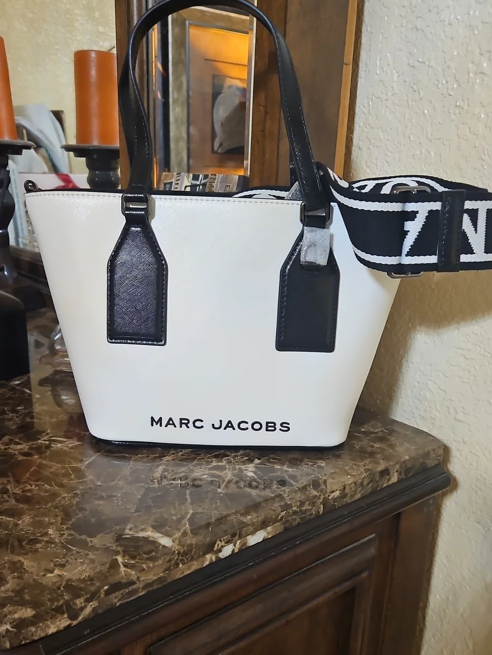 New Marc Jacobs White Tote with Black Trim and Logo Strap